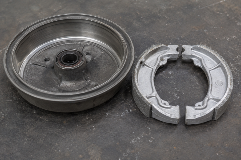 Motorcycle brake shoes and brake drum